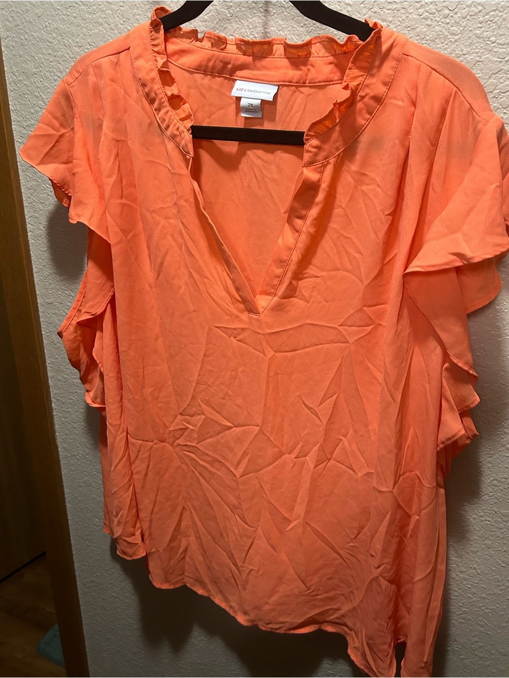 Liz Claiborne Bright Coral V-Neck Ruffle Sleeve Blouse